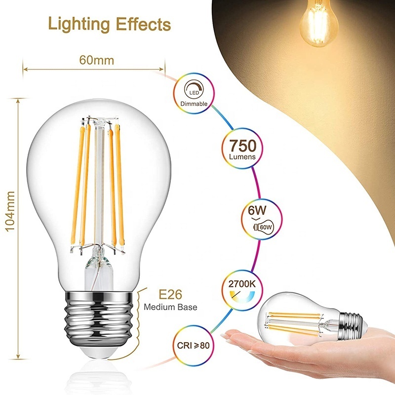 A19 E26 Filament Led Bulb 2/4/6/8W High Lumen Glass Vintage Bulb Lamp 120V Filament Bulbs with ES UL