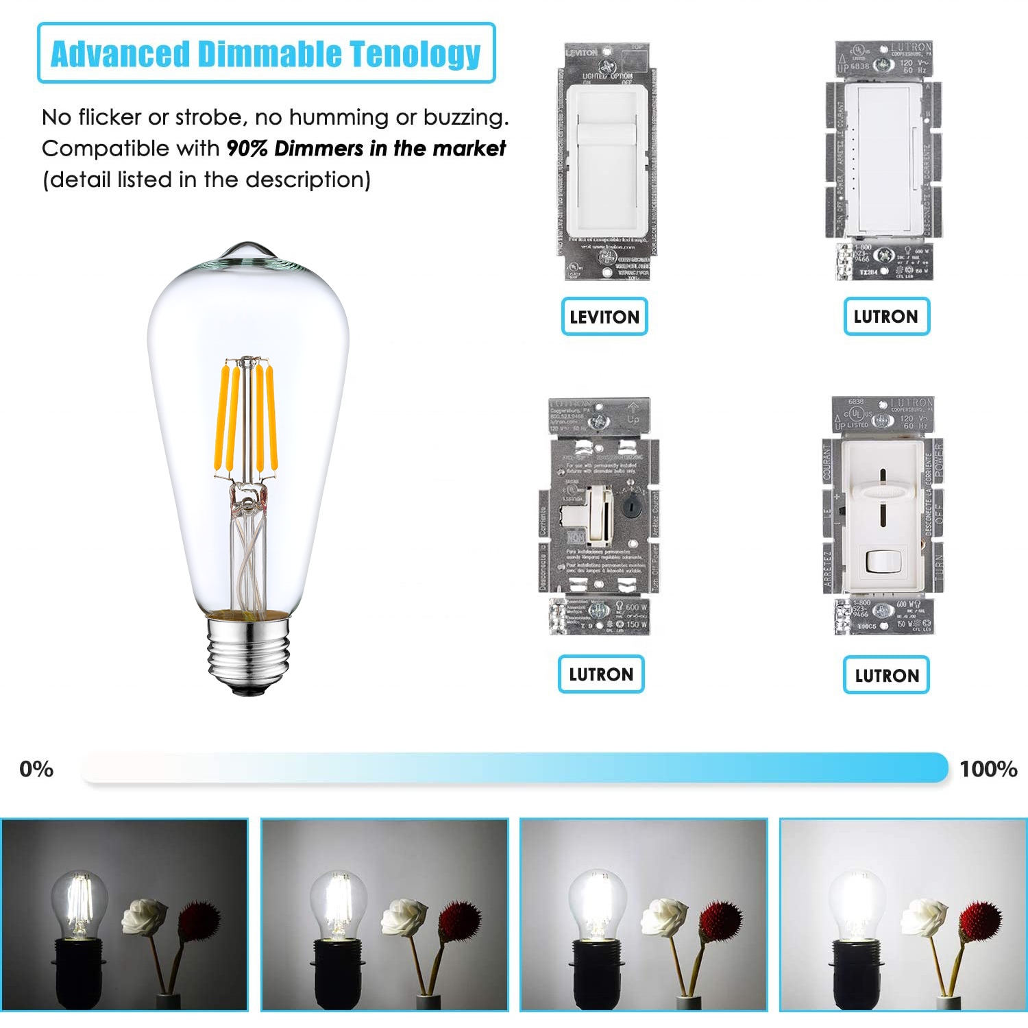 A19 E26 LED Bulb Energy Saving 4/8W Indoor Light Bulb Dimmable Filament Bulb Light with UL