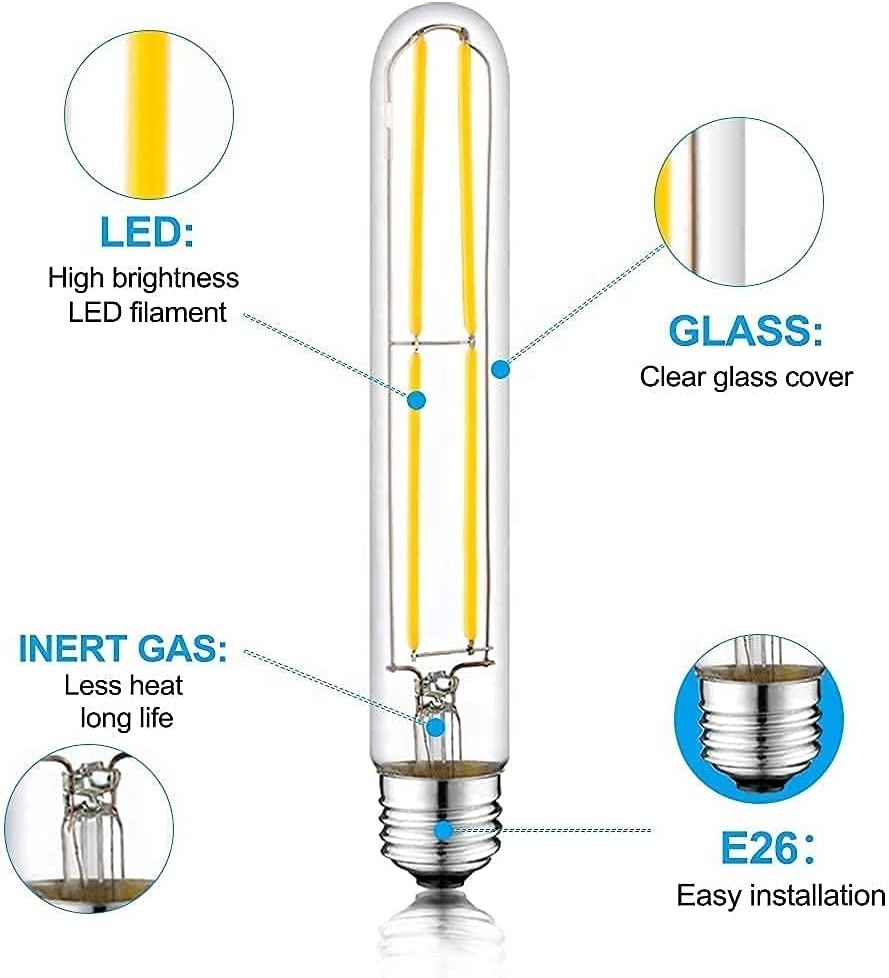 T10 E26 7.3inch Led Bulb Dimmable 2700K 6W Long Lighting Bulb High Quality Tubular Filament Glass Bulb