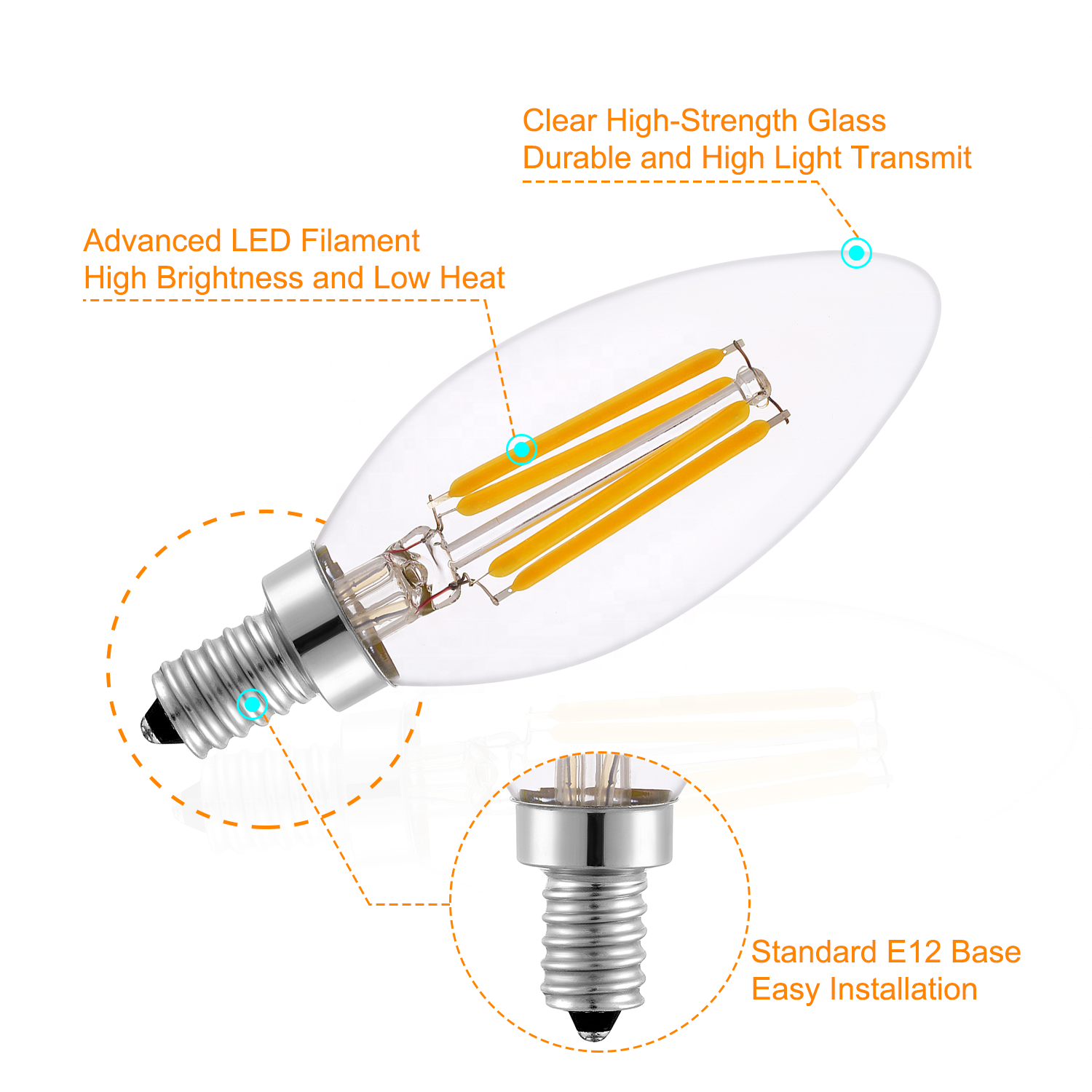 E12 2/4/6W Filament Candle Bulb Small Vintage Bulb Lamp RA80+ 2700-6500k Filament LED Bulbs