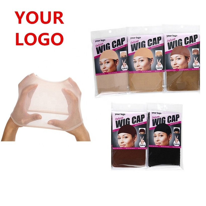 Biumart 2pcs/Pack Wig Caps Custom Logo Breathable Ventilated Nude Black Stocking Stretchy Nylon Wig Caps For Wearing Wig Tools