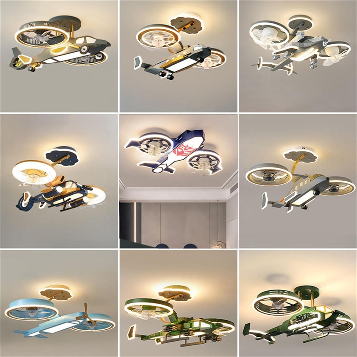 Biumart Helicopter Ceiling Fan Light Remote Control Modern Design Decorative Ceiling Fan With Light for Kids Bedroom