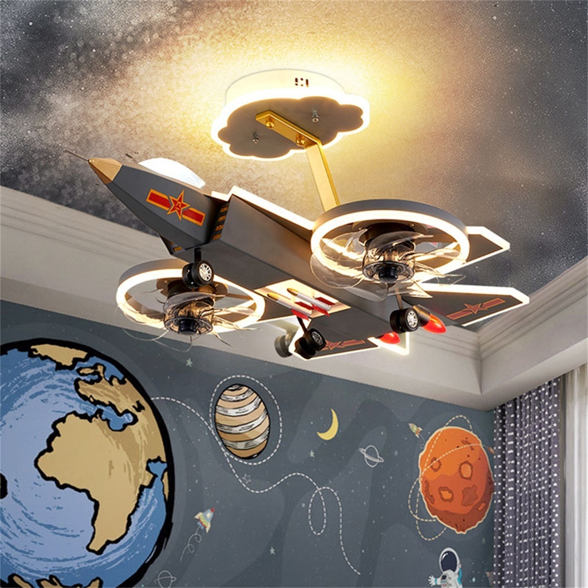 Biumart Helicopter Ceiling Fan Light Remote Control Modern Design Decorative Ceiling Fan With Light for Kids Bedroom