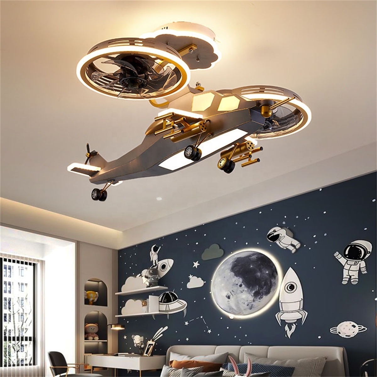 Biumart Helicopter Ceiling Fan Light Remote Control Modern Design Decorative Ceiling Fan With Light for Kids Bedroom