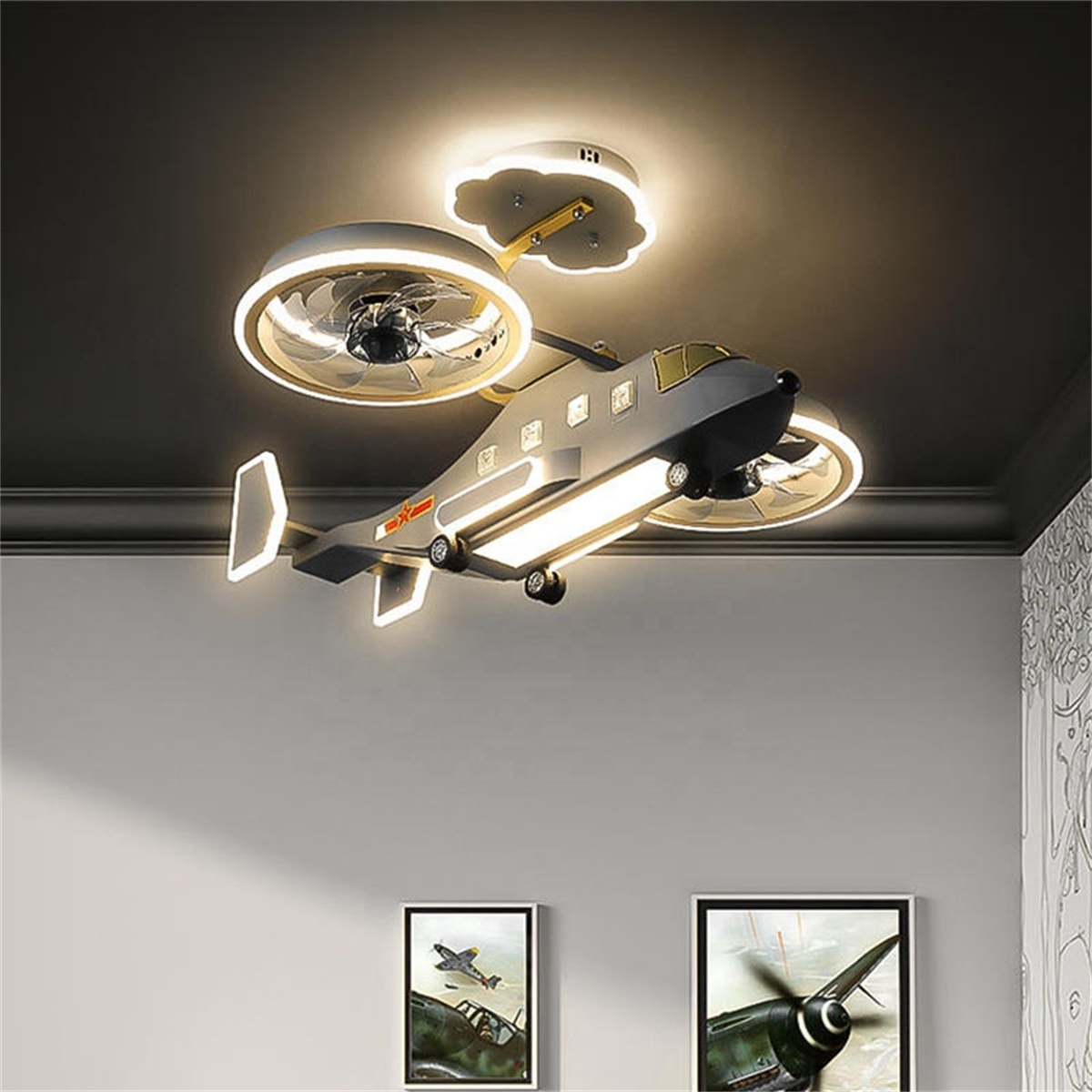 Biumart Helicopter Ceiling Fan Light Remote Control Modern Design Decorative Ceiling Fan With Light for Kids Bedroom