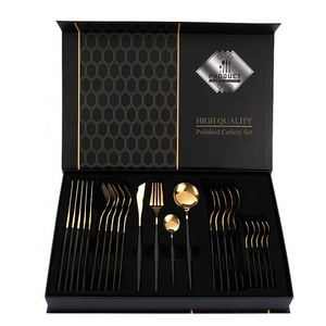 Biumart Stainless Steel Flatware Dinnerware Set 24 pcs Modern Luxury Gold Flatware Set for Wedding