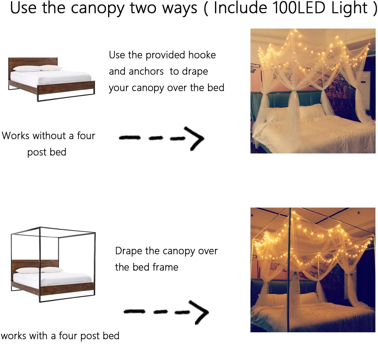 Biumart Foldable Adult Baby Mosquito Net Bed Canopy With 100 Led Strings Lights For Home Decor