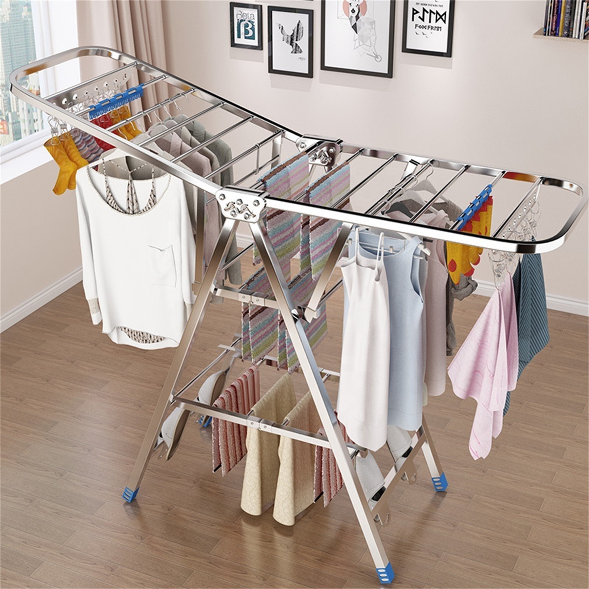 Biumart Clothes Drying Rack Household Stainless Steel  Floor Type Multifunctional Foldable Drying Rack