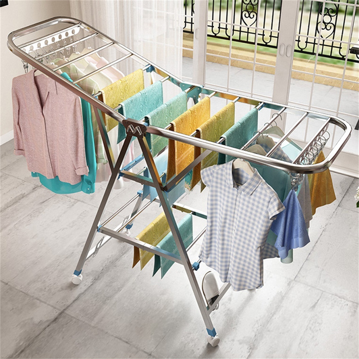 Biumart Clothes Drying Rack Household Stainless Steel  Floor Type Multifunctional Foldable Drying Rack