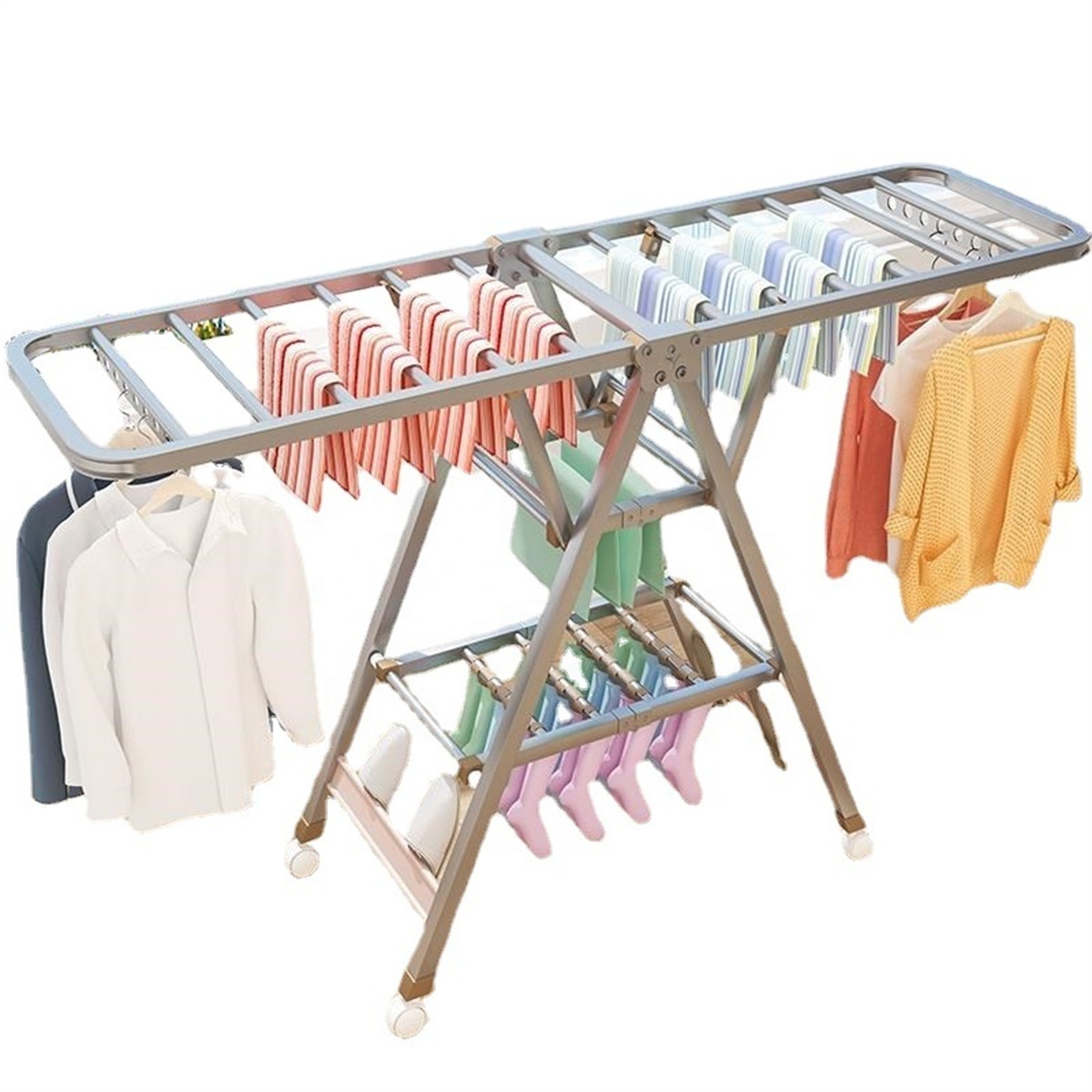 Biumart Clothes Drying Rack Household Stainless Steel  Floor Type Multifunctional Foldable Drying Rack