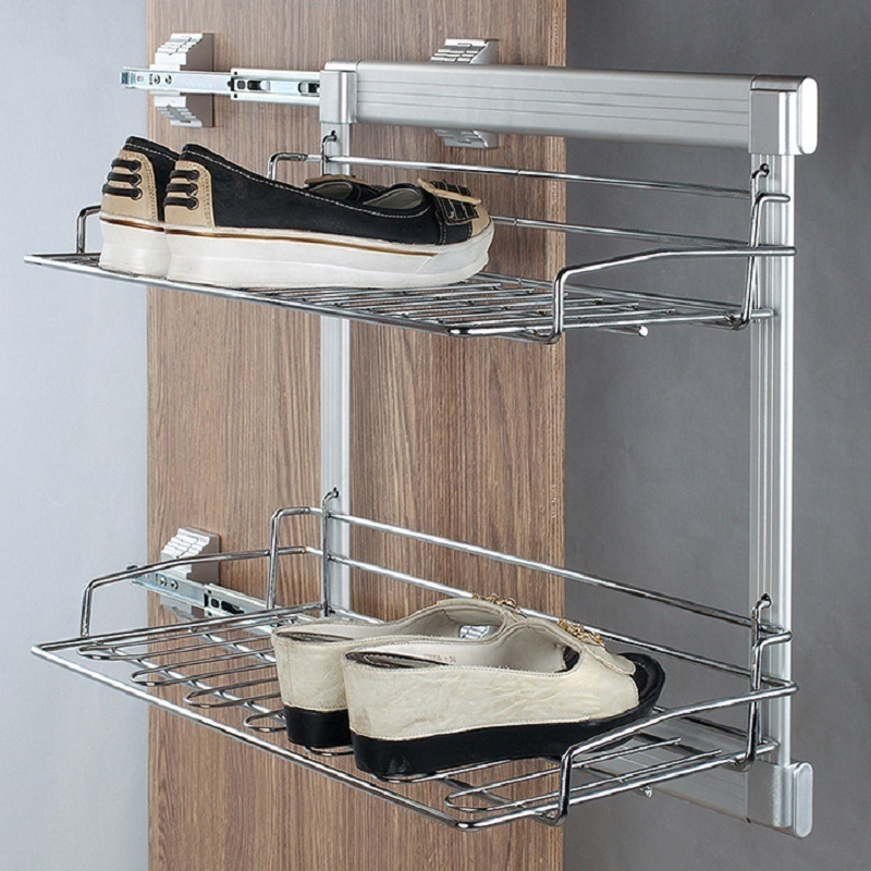 Biumart Stainless Steel Pull Out Basket Kitchen Bedroom Cabinet Aluminum Alloy Cloakroom Shoes Clothes Storage Basket