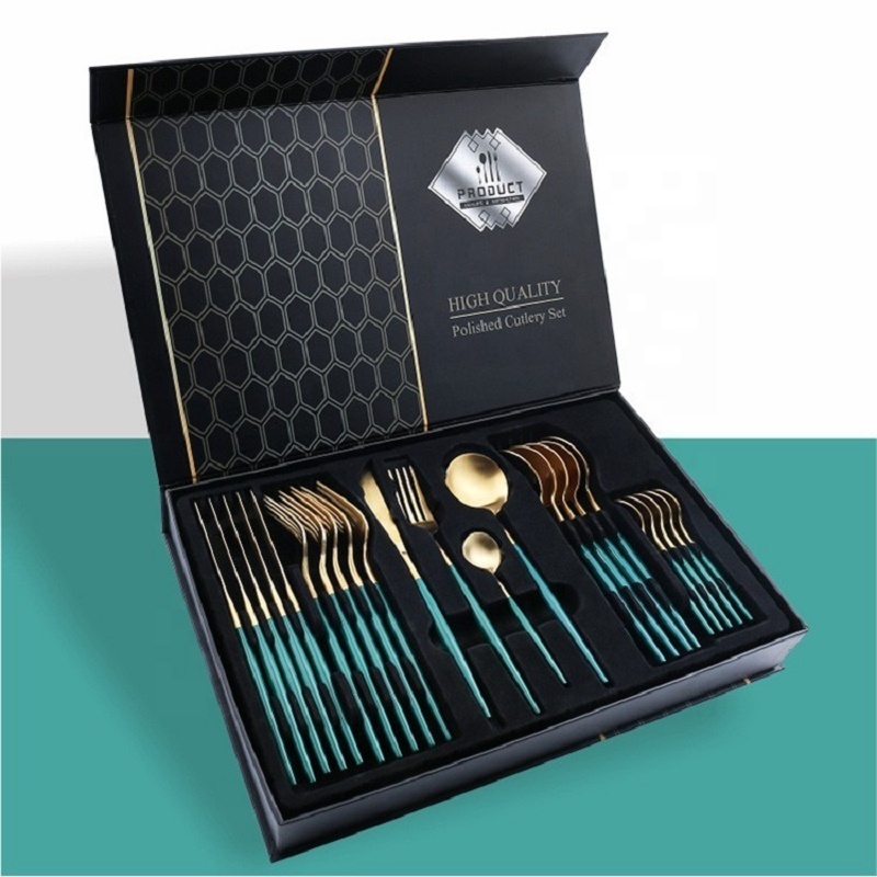 Biumart Stainless Steel Flatware Dinnerware Set 24 pcs Modern Luxury Gold Flatware Set for Wedding