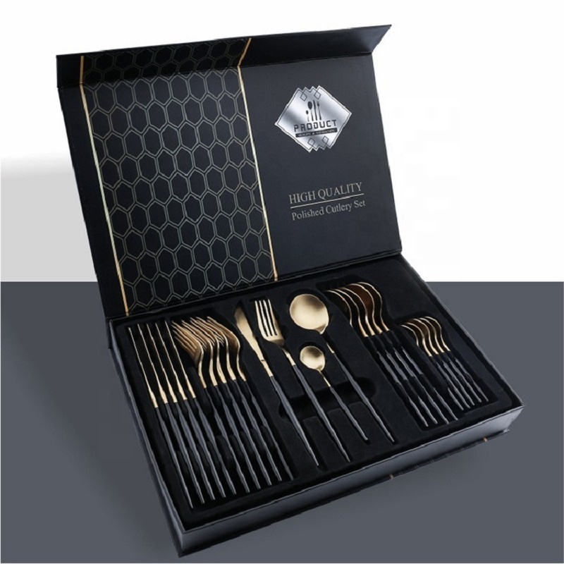 Biumart Stainless Steel Flatware Dinnerware Set 24 pcs Modern Luxury Gold Flatware Set for Wedding