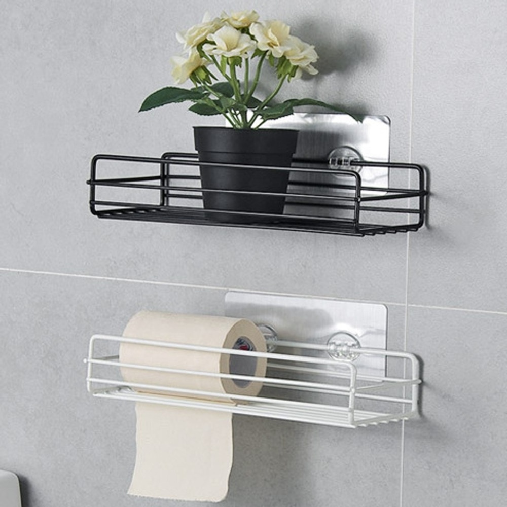 Biumart Bathroom Storage Rack Organizer Shelf Bathroom Shower Wall Shelf Without Drilling Iron Kitchen Bathroom Shelves