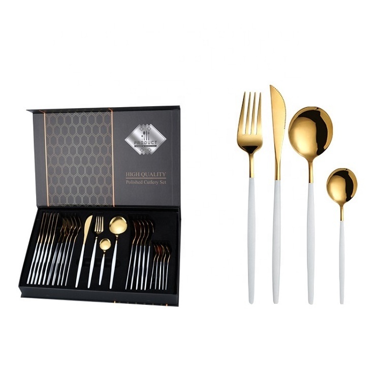 Biumart Stainless Steel Flatware Dinnerware Set 24 pcs Modern Luxury Gold Flatware Set for Wedding