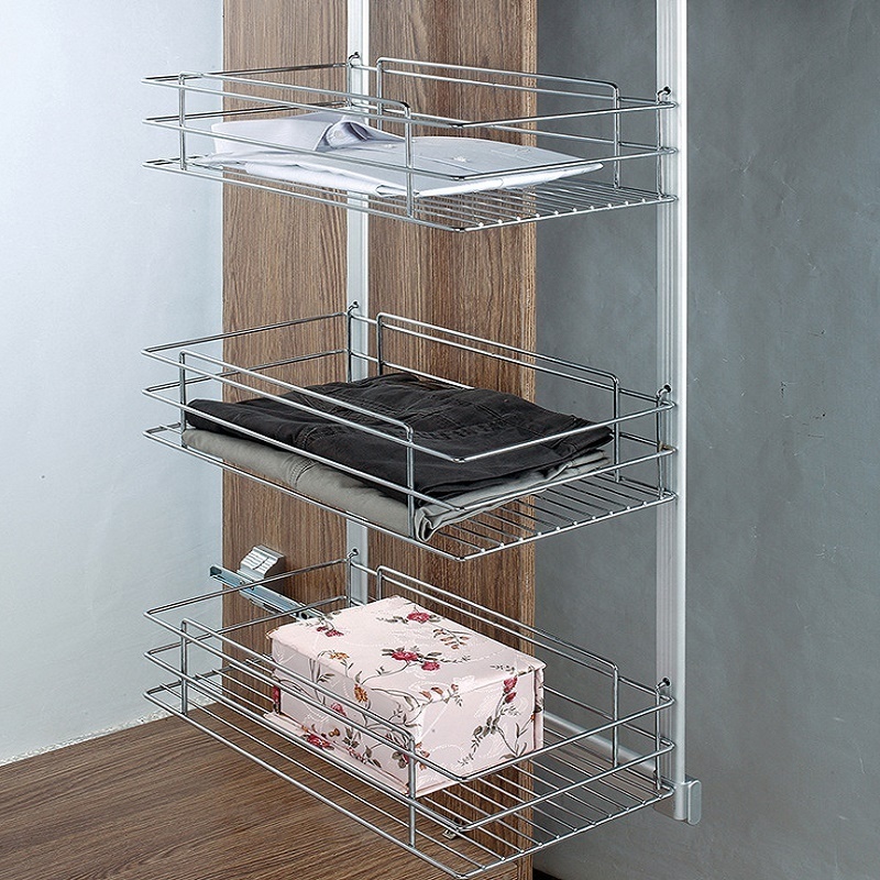 Biumart Stainless Steel Pull Out Basket Kitchen Bedroom Cabinet Aluminum Alloy Cloakroom Shoes Clothes Storage Basket