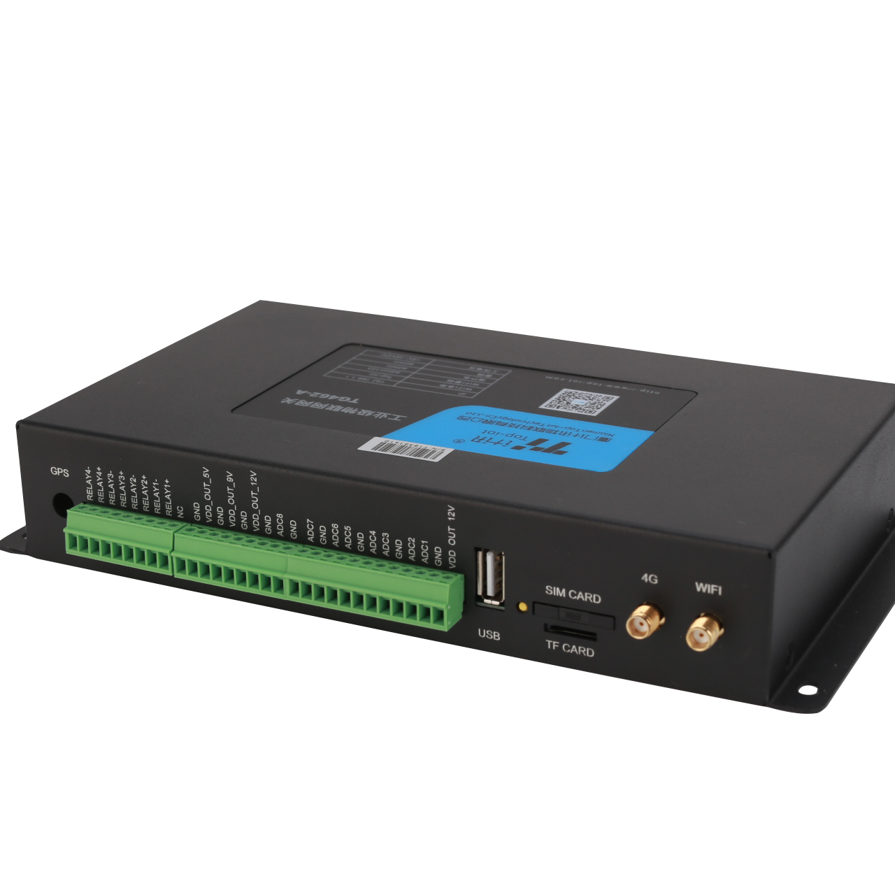 4g computing gateway with Ethernet ports, RS232/RS485, digital inputs, analog inputs, relay outputs, I2C, power output, USB, GPS