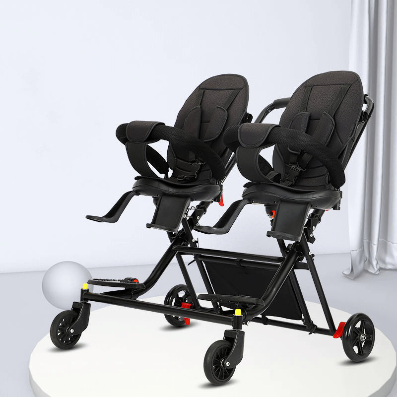 The new twin baby walker is a portable/ foldable four-wheeled cart with a rotating seat that can lie down and step on both feet