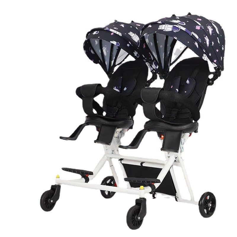 The new twin baby walker is a portable/ foldable four-wheeled cart with a rotating seat that can lie down and step on both feet