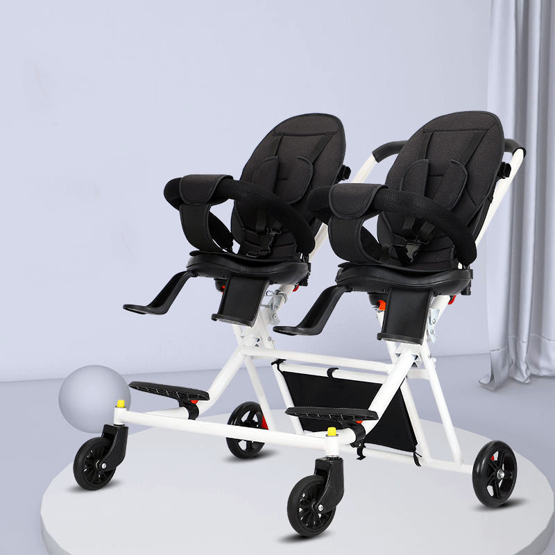 The new twin baby walker is a portable/ foldable four-wheeled cart with a rotating seat that can lie down and step on both feet