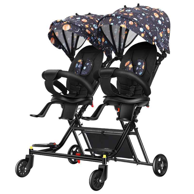 The new twin baby walker is a portable/ foldable four-wheeled cart with a rotating seat that can lie down and step on both feet