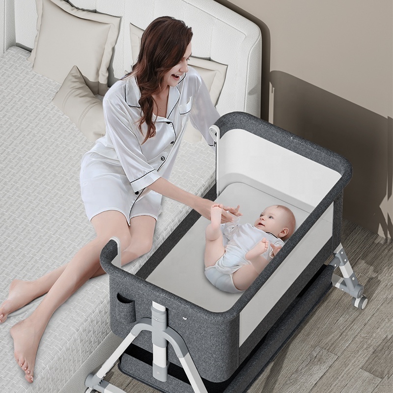 2022   Bedside Crib Sleeper Crib Easy Folding Portable Crib Baby Bassinet with Mattress and Travel Bag