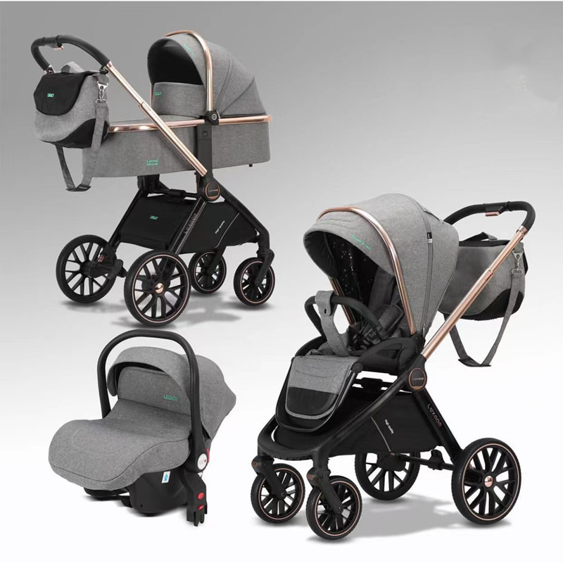 2024 Hot Selling Luxury Portable Foldable Baby Travel Stroller 3-in-1 Design with Electroplated Body Mosquito Net Rain Cover