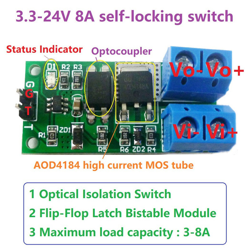 3.3V-24V 8A Flip-Flop Latch Relay Module IO95A01 Bistable Self-locking Switch Low Pulse Trigger Module for Arduino Smart Home