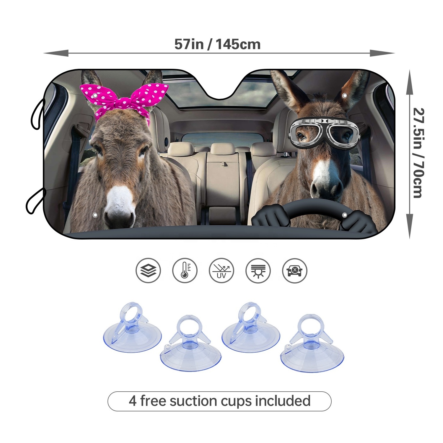 Car Windshield Sun Shade With 4 Free Suction Cups Funny Animal Horse Sunshield Blocks UV Rays Foldable Sun Visor for Truck SUV