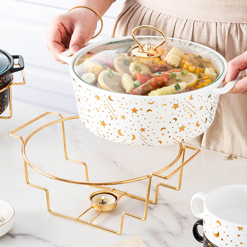 Moon Star Round Shape Cooking Pot Ceramic Buffet Soup Pot Stand CLASSIC Soup & Stock Pots Induction Cooker Gold with Iron 12pcs