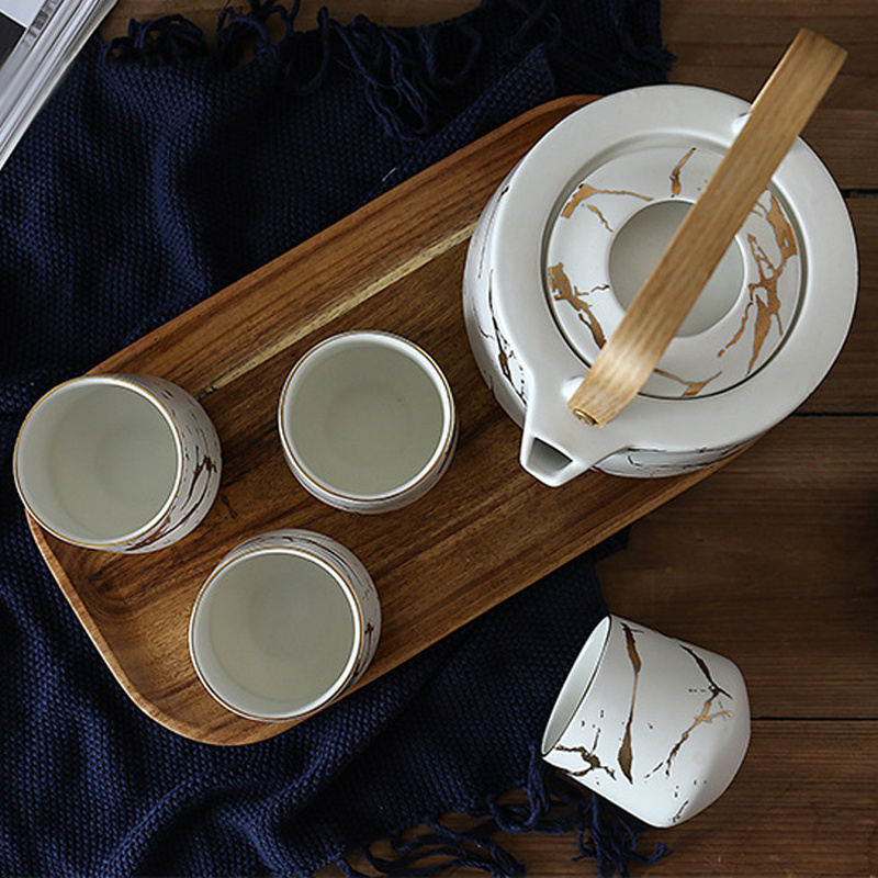 Marble design Porcelain Tea Pot and Cup Set with bamboo tray Ceramic Customized Box Logo Coffee Packing