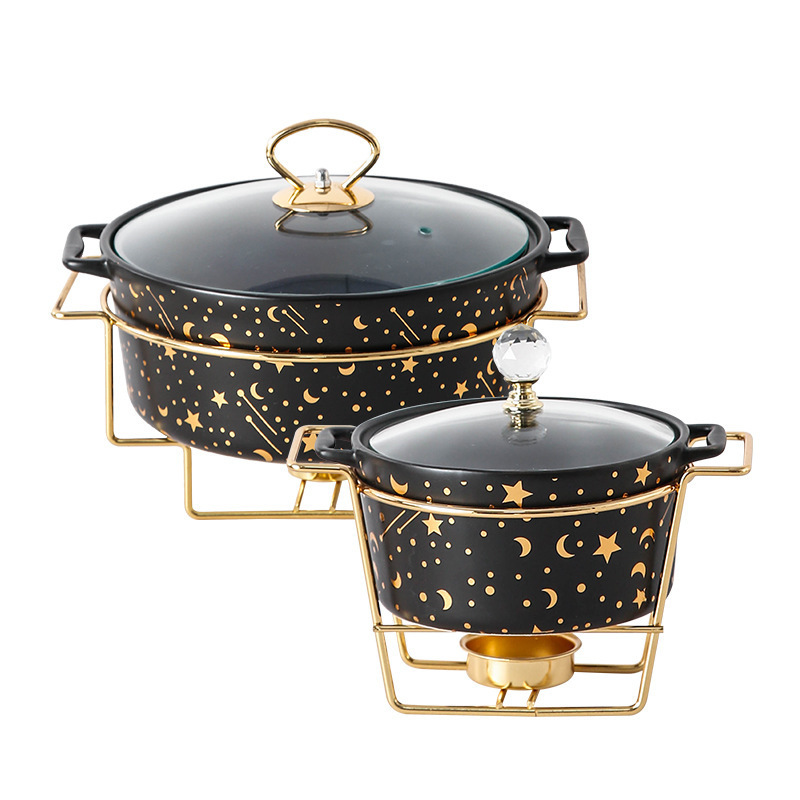 Moon Star Round Shape Cooking Pot Ceramic Buffet Soup Pot Stand CLASSIC Soup & Stock Pots Induction Cooker Gold with Iron 12pcs