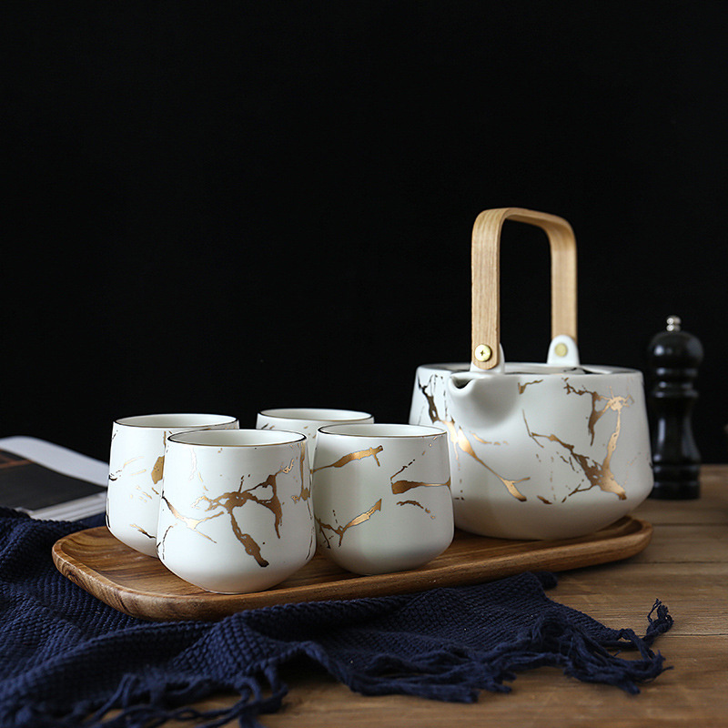 Marble design Porcelain Tea Pot and Cup Set with bamboo tray Ceramic Customized Box Logo Coffee Packing