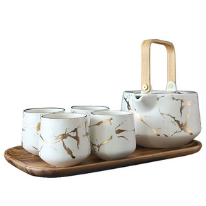 Marble design Porcelain Tea Pot and Cup Set with bamboo tray Ceramic Customized Box Logo Coffee Packing