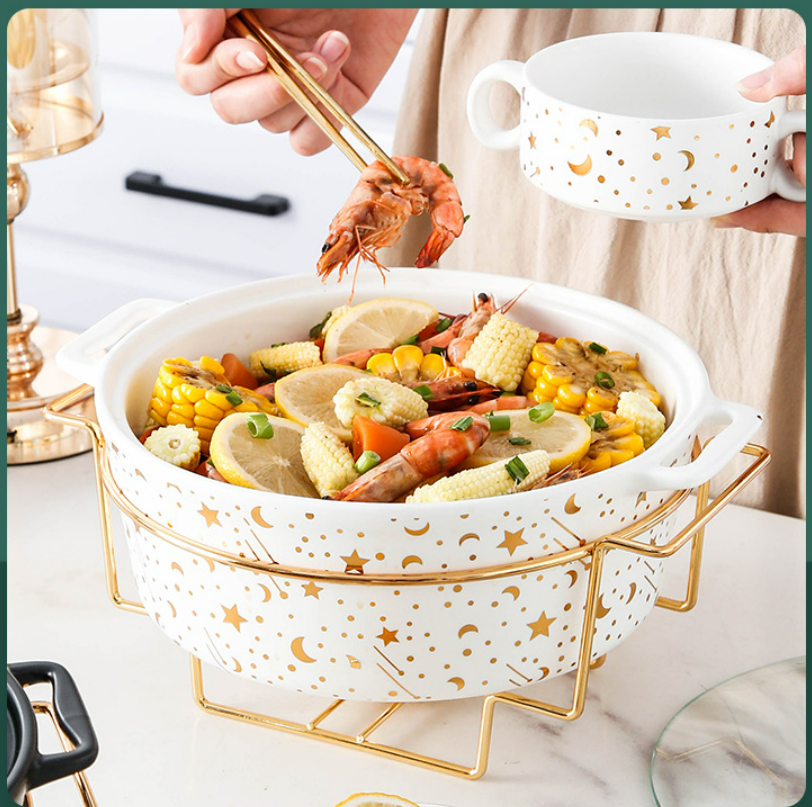 Moon Star Round Shape Cooking Pot Ceramic Buffet Soup Pot Stand CLASSIC Soup & Stock Pots Induction Cooker Gold with Iron 12pcs