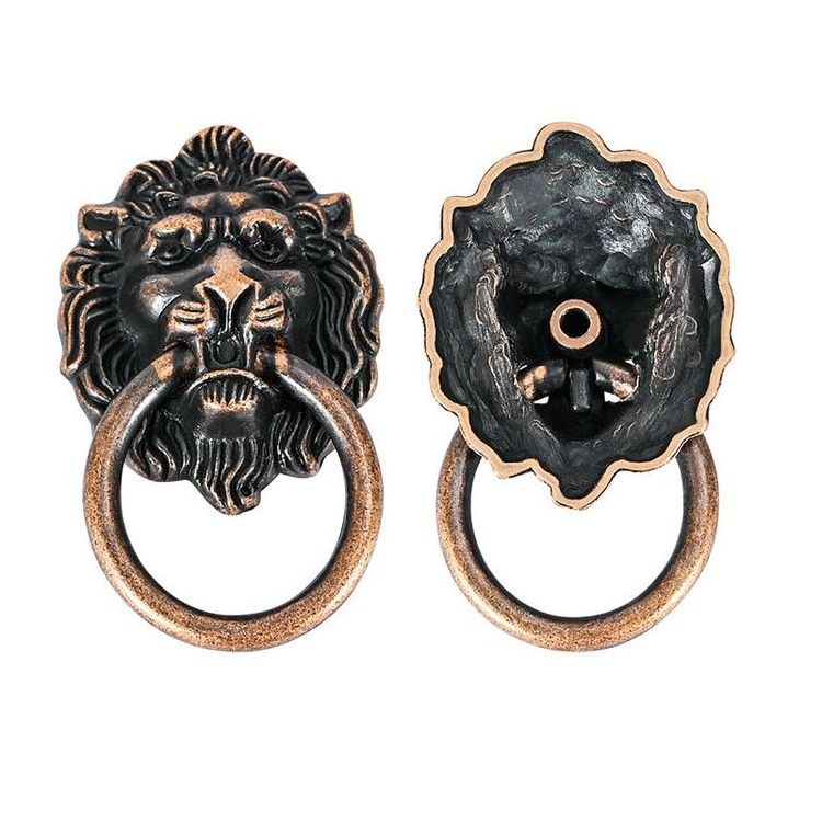 Zinc Alloy Antique Brass Lion Head Door Knocker Pulls Handles Gold Classic Furniture Cabinet Small Lion Head Handle Ring