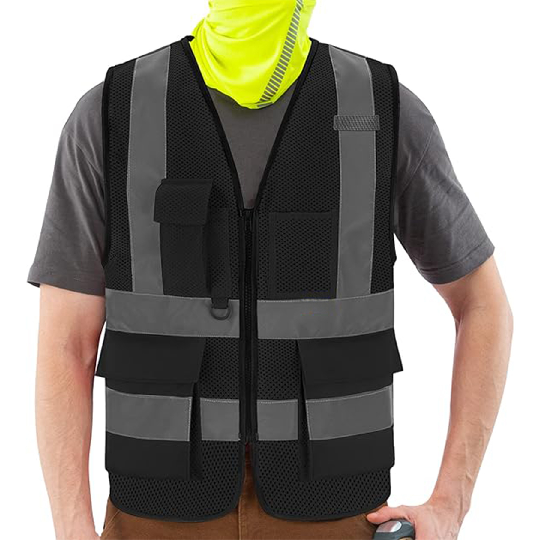 Latest Construction Mens Custom Customised Reflective Safety Work Vest With Logo With Pockets Hi-viz Black And Yellow And Orange