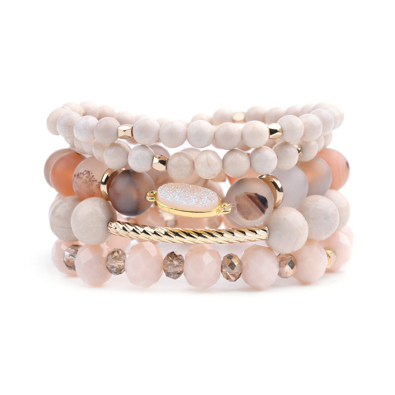 4 Pcs/Set Natural Stone Women's Bracelets Beige Marble Drusy Agates Faceted Crystal Bracelet