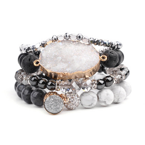 Natural Druzy Stone Bracelets Set For Women Black Plastic Beads Howlite Crystal Bracelet