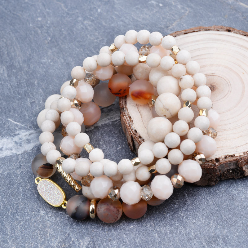 4 Pcs/Set Natural Stone Women's Bracelets Beige Marble Drusy Agates Faceted Crystal Bracelet