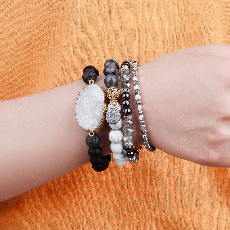 Natural Druzy Stone Bracelets Set For Women Black Plastic Beads Howlite Crystal Bracelet