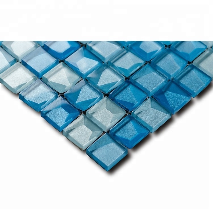 China Professional Manufacturer Decorative 3D Blue mix oceanside Iridesent Glass Mosaic backsplash pool mosaic tile splashback