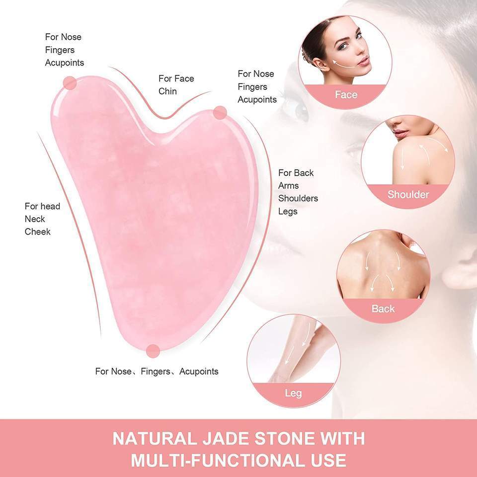 Wholesale natural jade stone heart shape rose quartz gua sha massage beauty tools stainless steel guasha massager