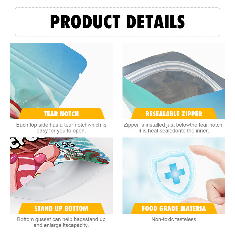 Custom Printed Matte Small Resealable Ziplock Edible Candy Cookie Smell Proof Stand Up Pouch 3.5g Plastic Packaging Mylar Bag