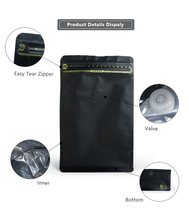 Custom Printed Resealable Square Ziplock Valve Zipper Stand Up Beans Bag Side Gusset Flat Bottom Packaging Coffee Bag