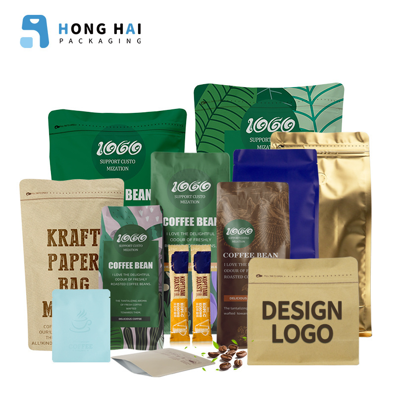 Custom Printed Resealable Square Ziplock Valve Zipper Stand Up Beans Bag Side Gusset Flat Bottom Packaging Coffee Bag