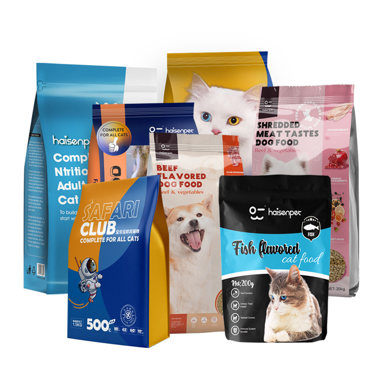 Honghai OEM Plastic Pouch Big Size 5kg 10kg 15kg Handle Flat Bottom Resealable Zipper Pet Dog Food Packaging Bags