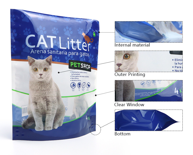 Custom Printed Die Cut Shape Mylar Heat Self Laminated Stand Up Pouch Plastic Packing Cat Litter Packaging Bag With Clear Window