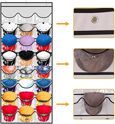 kingdalux Baseball Hat Rack 24 Pocket for Wall or Over the Door Cap Organizer with Clear Deep Pockets hat storage cap organizer