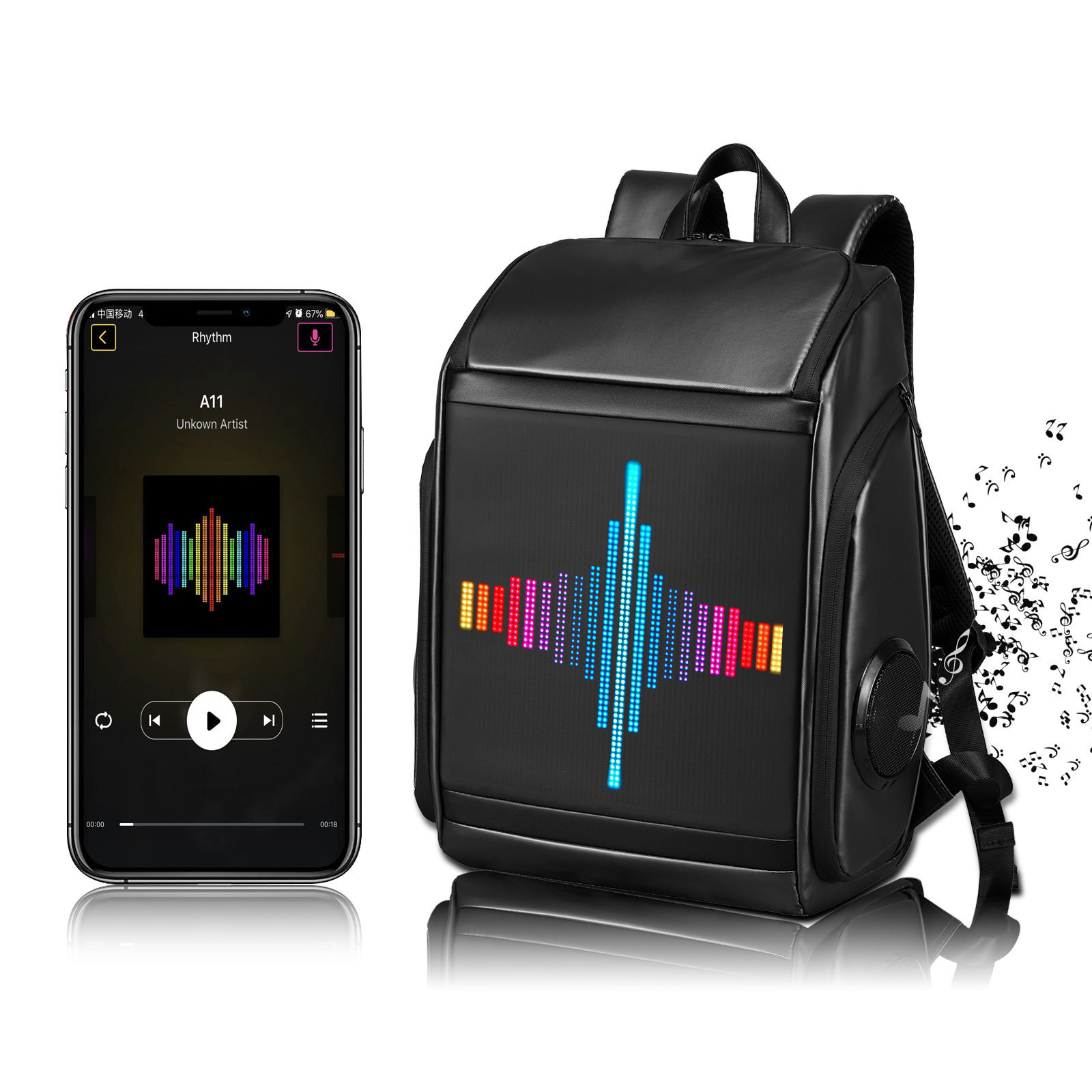 GM Wholesale New Arrival Bluetooth Waterproof Multi Function DIY Custom Oxford Material Smart Music LED Backpack With Speaker